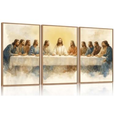 Imagem de FWIEXA Conjunto 3 de arte de parede em tela Jesus Last Supper, pintura de decoração cristã emoldurada, impressões religiosas boho, arte em aquarela da Bíblia, 61 x 91 cm, imagens de escrituras em