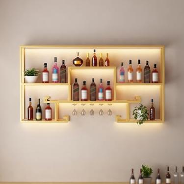 Imagem de Prateleira de exibição de garrafa de licor iluminada por LED - Rack de ferro dourado para armazenamento de vinho e licor, suporte de parede perfeito para bares, cafés, salas de jantar e cozinhas (120