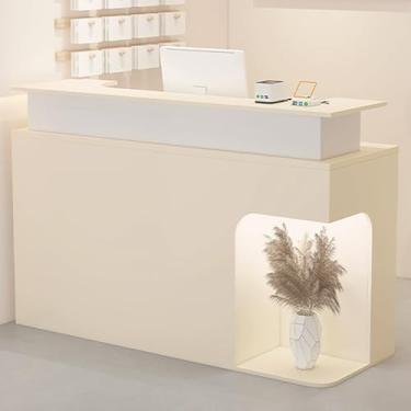 Imagem de Mesa de recepção moderna com balcão, balcão frontal elegante, mesa de varejo com gaveta e armário de armazenamento, balcão de caixa com armazenamento aberto, para escritório de loja (bege A, 110 x 50