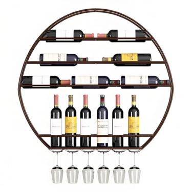 Imagem de Cremalheira de vinho redonda criativa montada na parede - Prateleira flutuante de metal com suporte de vidro - Grande exibição de garrafa de licor de ferro para bar e cozinha em casa (cobre vermelho