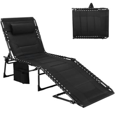 Imagem de TLSUNNY Poltrona dobrável acolchoada, cadeira reclinável portátil com travesseiro e bolso lateral, espreguiçadeira ajustável de 5 posições ao ar livre com alça de transporte, para praia, piscina