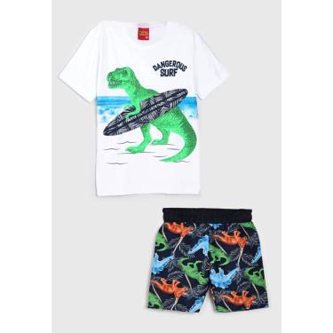 Imagem de Conjunto Infantil Verão Menino, Camiseta e Bermuda em Microfibra, Dinossauros, 2 peças - Branco Kyly