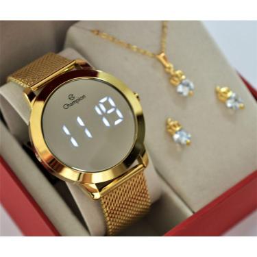 Imagem de Relogio Champion Dourado Redondo Espelhado Lançamento Ch40106b + Kit Semi Joia