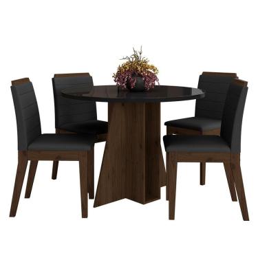 Imagem de Mesa Redonda Com Vidro 4 Cadeiras Bélgica Imbuia/preto/preto - M.a