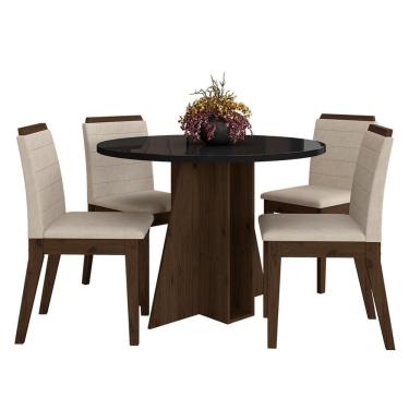 Imagem de Mesa Redonda Com Vidro 4 Cadeiras Bélgica Imbuia/preto/bege - M.a