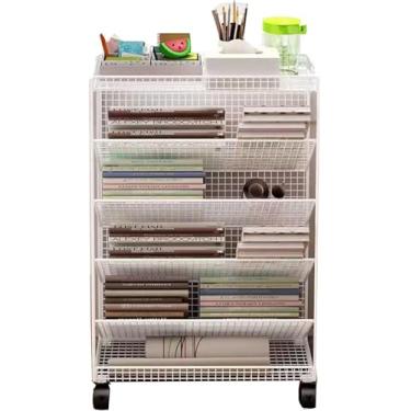 Imagem de Estante giratória de 5 camadas com rodízios, carrinho prático de ferro forjado, carrinho de estudo, carrinho de estante branco, carrinho de livro móvel ultrafino com fechadura, estante móvel