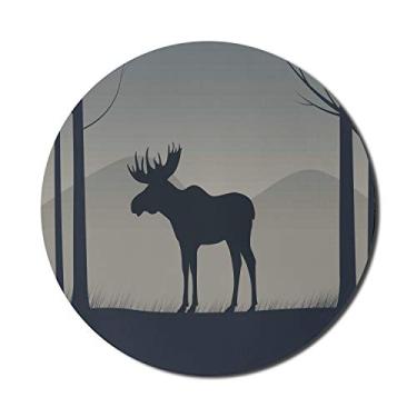 Imagem de Lunarable Mouse pad de alce para computadores, silhueta lateral de alce em chifres de floresta, árvores nebulosas natureza selvagem, redondo, antiderrapante, borracha grossa, moderno, mousepad para