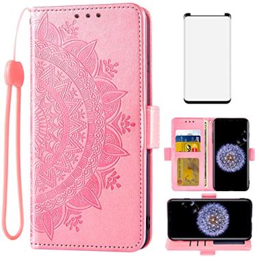 Imagem de Asuwish Compatível com Samsung Galaxy S9 Plus, capa tipo carteira de vidro temperado, suporte para cartão, alça de pulso, suporte para celular para Glaxay S9+ 9S 9+ S 9 9plus S9plus ouro rosa