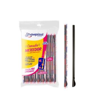 Imagem de Canudo Colher Mexedor Preto Strawplast Para Drinks 100 Unidades