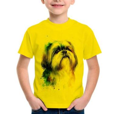 Imagem de Camiseta Infantil Cachorro Shih Tzu Watercolor - Foca na Moda, Amarelo