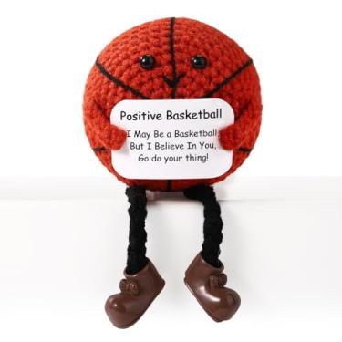 Imagem de TOYMIS Bola de basquete positiva, pelúcia de basquete de perna longa de 12 cm com cartão de incentivo tricotado suporte emocional basquete boneca de crochê positivo presentes para amigos decoração de