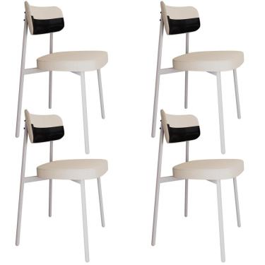 Imagem de Kit 04 Cadeiras Estofada Para Sala De Jantar Astrid Branco C01 Linho Palha Courino Preto - Lyam Decor