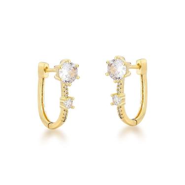 Imagem de Brinco Argola Com Ponto De Luz Quadrado E Redondo Banhado A Ouro 18k