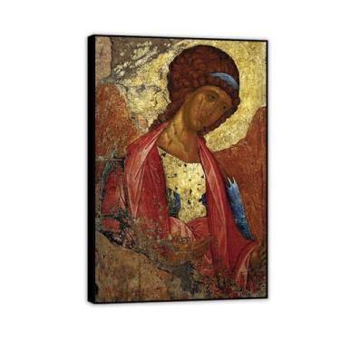 Imagem de Impressão artística em tela de São Miguel Arcanjo Impressão de pintura emoldurada esticada Giclee decoração de parede por Andrei Rublev 60 x 40 cm (24 x 16 pol) moldura preta