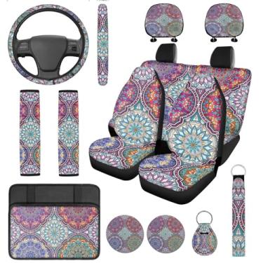 Imagem de DBBXHZJY Conjunto completo de 14 capas de assento de carro mandala artísticas com capa de volante, capas de cinto de segurança, suporte de copo, console central com chaveiro, acessórios interiores de