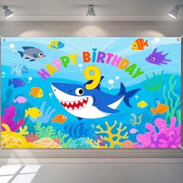 Imagem de BlissYard Banner Happy 9th Birthday Decration Ocean Party Decration Under The Sea Tema Tubarão e Fundo Marinho Decoração de Festa Vida para Meninos Meninas 180 x 109 cm Nove Anos de Idade Suporte de