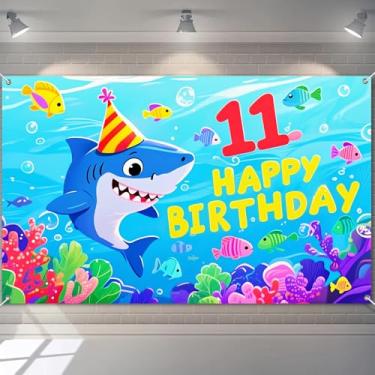 Imagem de BlissYard Banner Happy 11th Birthday Ocean Decrations Adventure Theme Under The Sea Backdrop 180.3 cm x 109.2 cm Fundo fotográfico com chapéu de festa tubarão peixe colorido para crianças, meninos