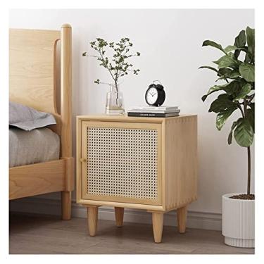 Imagem de MALUNHH Mesa de cabeceira lateral mesa de cabeceira de madeira rattan, mesa de cabeceira com porta para quarto, armário de cabeceira multifuncional de nogueira, mesa lateral organizadora de