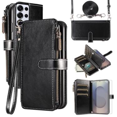 Imagem de Asuwish Capa de celular para Samsung Galaxy S25 Ultra 5G com protetor de tela de vidro temperado e cordão com zíper, porta-cartões, suporte para celular S25Ultra 25S S 25 25Ultra 6,9 2025, preta