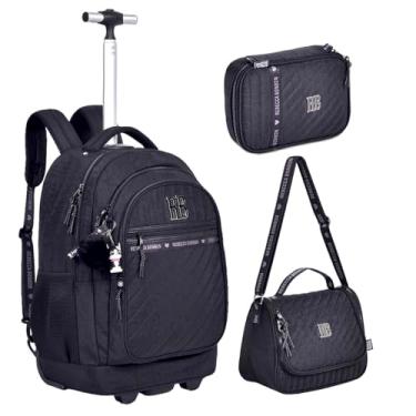 Imagem de Kit Mochila Rodinha Crinkle Matelassê RB Feminino Menina Carrinho (Preto)