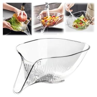 Imagem de Cesta de drenagem multifuncional - 2024 Nova tigela de limpeza de frutas com recipiente de coador, coletor de alimentos para pia de cozinha escorredor de frutas enxaguador de frutas tigela de filtro de lavagem de vegetais sobre o escorredor da pia (1 peça, transparente)