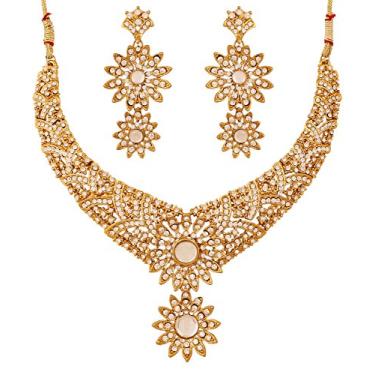 Imagem de Touchstone Conjunto de colar feminino indiano de Bollywood com strass branco e motivo de flor de strass bonito para noivas em tom dourado antigo