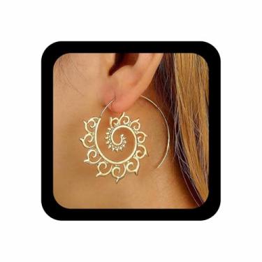 Imagem de TseanYi Brincos tribais de argola espiral dourada étnica mandala vintage vórtice engrenagem brinco círculo cigano brinco espiral indiana joia exagerada para mulheres