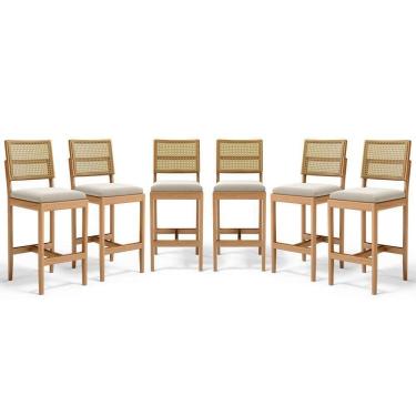 Imagem de Kit Com 6 Banqueta Milena Madeira Maciça Assento Estofado Encosto De Tela Palha Sextavada Veludo Bege 102