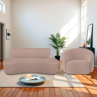 Imagem de Kit Recamier Curvo Amsterdã 140cm E Poltrona Amore Luxo Linho Cor Rosê