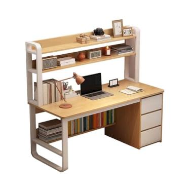 Imagem de Mesa de escritório, mesa de computador com três gavetas integradas, mesa de estudo e estante de livros, estação de trabalho para estudo de quarto e outras cenas, moldura de metal, cor carvalho 100 x