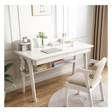 Imagem de HGTRH Mesa de madeira com 2 gavetas e prateleira, secretária de estudo moderna de meados do século com gancho lateral dupla secretária para computador em escritório em casa (sem cadeiras) White 47 pol