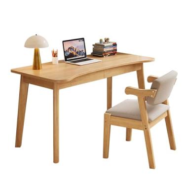 Imagem de Escrivaninha 100% de carvalho maciço, mesa de estudo de escrita com 2 gavetas de armazenamento, moderna e simples, mesa de escritório em casa, móveis modernos com mesa curvada para computador (sem