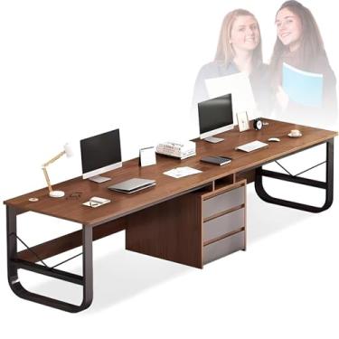 Imagem de HGTRH Mesa de escritório para 2 pessoas com gaveta de 3 arquivos, mesa dupla de escritório grande para computador com almofadas ajustáveis para os pés, estante de livros, mesa de trabalho moderna para