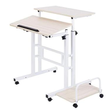 Imagem de HGTRH Mesa de pé, mesa lateral móvel com rack principal de computador 80 x 30 x 67 ~ 115 cm, suporte para celular, coleção de cabos, coleção de cabos inclinável, mesa de mesa, branca