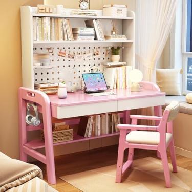 Imagem de Yadlan Mesa de estudo com gavetas de madeira, mesa ajustável em altura para crianças e adolescentes, mesa infantil com armazenamento, escrivaninha espaçosa com quadro de avisos e prateleira inferior