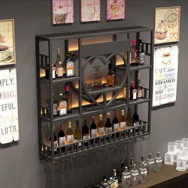 Imagem de HGTRH Rack de vinho montado na parede com luzes, unidade de bar, prateleiras flutuantes montadas na parede, prateleira de garrafa de vinho de ferro industrial, unidade de bar, prateleiras flutuantes
