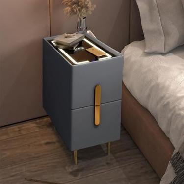 Imagem de Yadlan Mesas de cabeceira estreitas para espaços pequenos, mesa de cabeceira inteligente, carregamento sem fio USB, 2 gavetas, mesa de cabeceira, armazenamento de quarto, cabeceira lateral de madeira