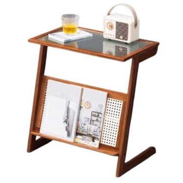 Imagem de Mesa de extremidade, mesa lateral de bambu com base de suporte em forma de Z, rolamento de carregamento ABS de vidro temperado de 10 kg, mesa lateral de sofá estável e sem balanço, para sala de estar