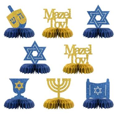 Imagem de Happy Hanukkah Table Honeycomb Centerpieses Decorations - Glitter 8 Pcs Mazel Tov Party Table Toppers Decor - Star of David Menorah Dreidel - Hanukkah Birthday Anniversary Party Decoration Supplies