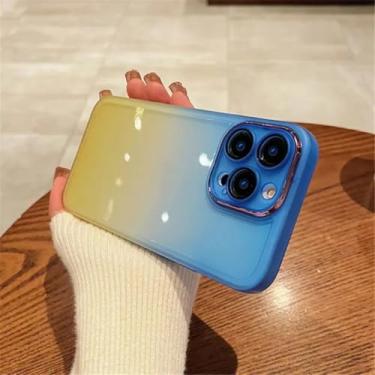 Imagem de HTVJFX Capa de celular transparente com gradiente de luxo e arco-íris para iPhone X, à prova de choque, com proteção para câmera (para iPhone X/TM, azul e amarelo)