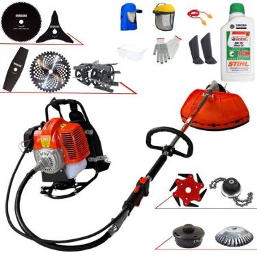 Imagem de Roçadeira Costal Profissional Terra GRC430 À Gasolina 43cc 1,7HP de Potência Alta Rotação Com Carretel + Kit 8 Opções de Cortes + Óleo Stihl 2T + EPI