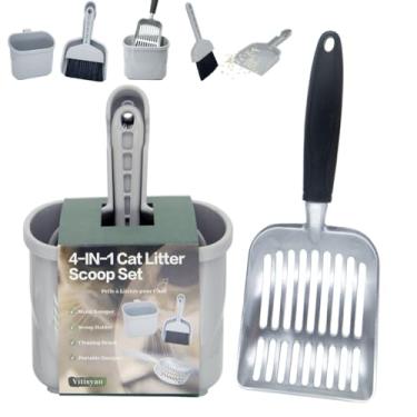 Imagem de Vitisyao Colher de areia para gatos 4 em 1 com suporte, kit de limpeza organizador de caixa de areia para gatos - vassoura e pá de lixo, colher de areia de alumínio para gatos e organizador de
