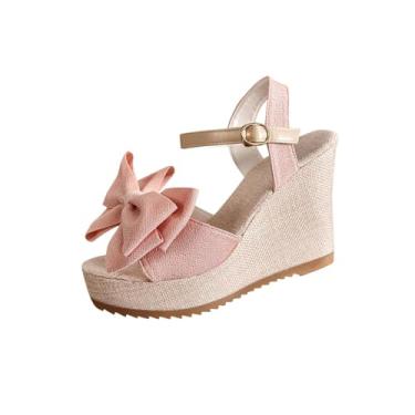Imagem de Sandálias femininas elegantes casuais primavera verão versátil plus size praia cor sólida laço salto plataforma, rosa, 36
