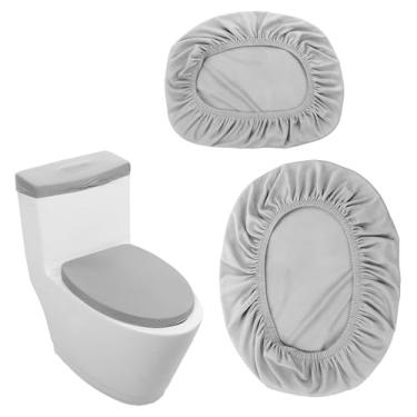 Imagem de APLZGMG Pacote com 2 tampas de vaso sanitário e tampa de tanque, capas de assento de vaso sanitário macias laváveis com fundo elástico, conjunto de capas de vaso sanitário cinza elástico universal