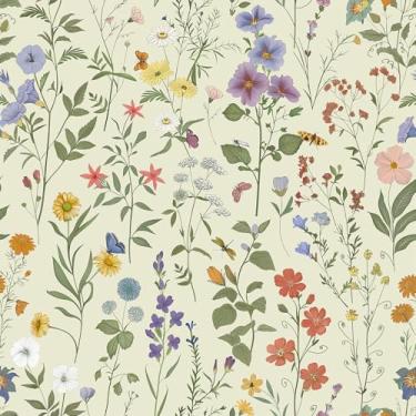 Imagem de VEELIKE Cottagecore Meadow Papel de parede floral vintage flores silvestres papel de parede para quarto de berçário 48 cm x 890 cm papel de parede floral removível autoadesivo para decoração de quarto