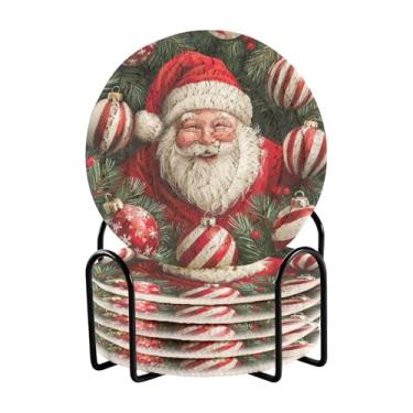 Imagem de Blueangle 6 peças de porta-copos fofos de Papai Noel para bebidas, porta-copos de tecido redondo super absorvente para mesa de café, proteção de mesa para decoração de casa (305)