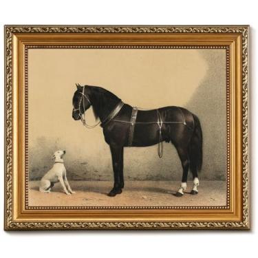 Imagem de Vodefoad Arte de parede com moldura dourada vintage cavalo e cachorro, 28 x 35 cm