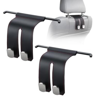 Imagem de JUSTTOP Ganchos de encosto de cabeça para assento de carro, pacote com 2 suportes para bolsa de carro, gancho universal de metal duplo com couro para bolsas, bolsas de mão e organizador (preto)