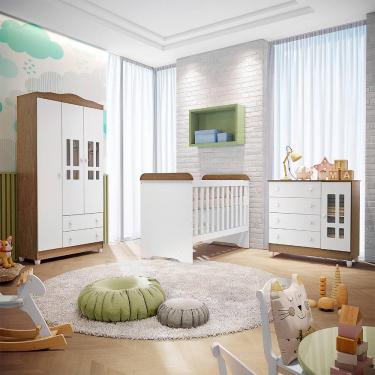 Imagem de Quarto Infantil Completo Guarda Roupa 3 Portas Cômoda 4 Gavetas com Porta Ariel Berço 3 em 1 Gabrielle Br Amadeirado Carolina Baby
