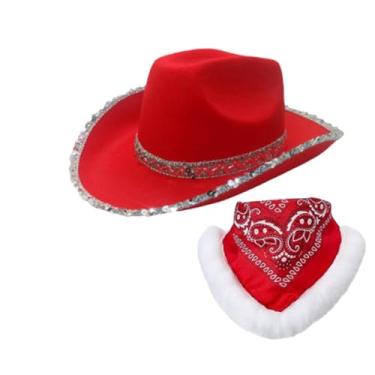 Imagem de Tachiuwa Chapéu de cowboy de natal com cachecol, moderno, feminino, masculino, papai noel, chapéu ocidental para performance, fantasia, dramatização, adereços, estilo B